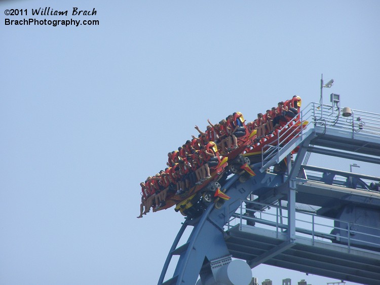 Train waiting to drop down the 90 degree drop.