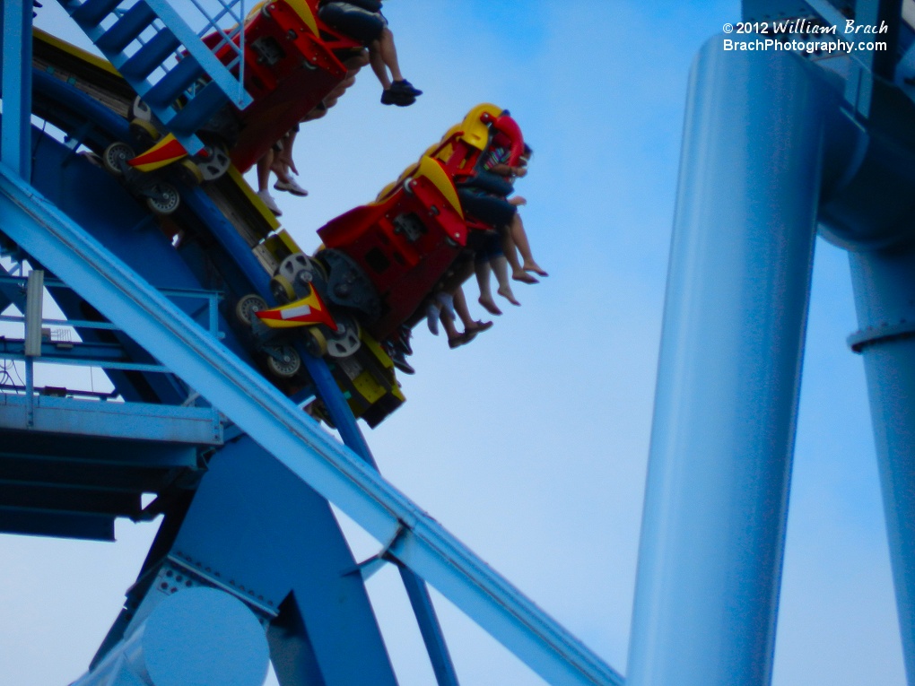 Side profile view of a Griffon train going into a drop.