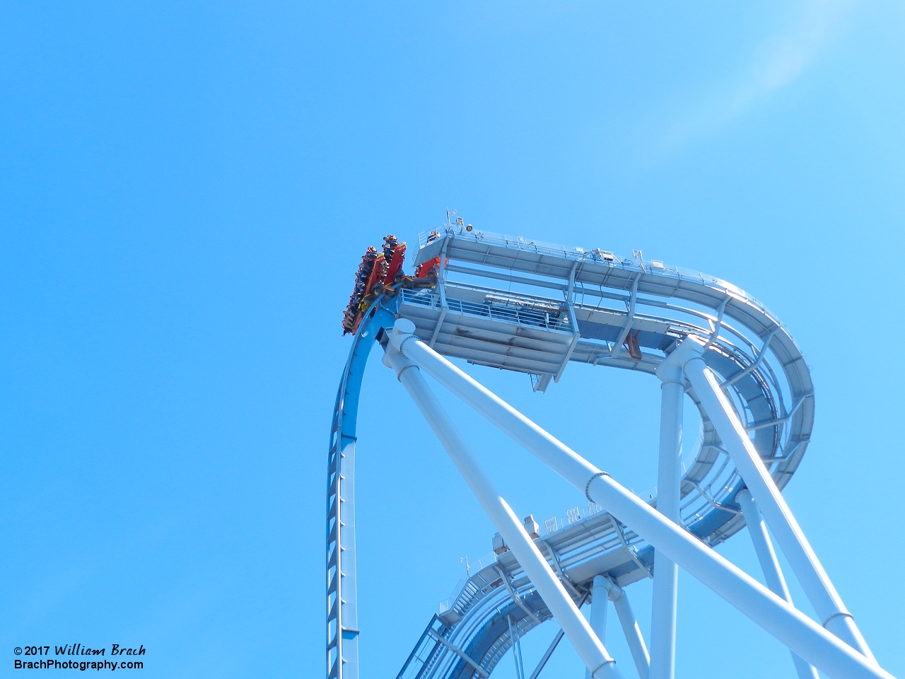 Train holding at the top of the drop.