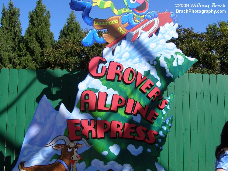 Entrance sign to Grover's Alpine Express kiddie coaster.