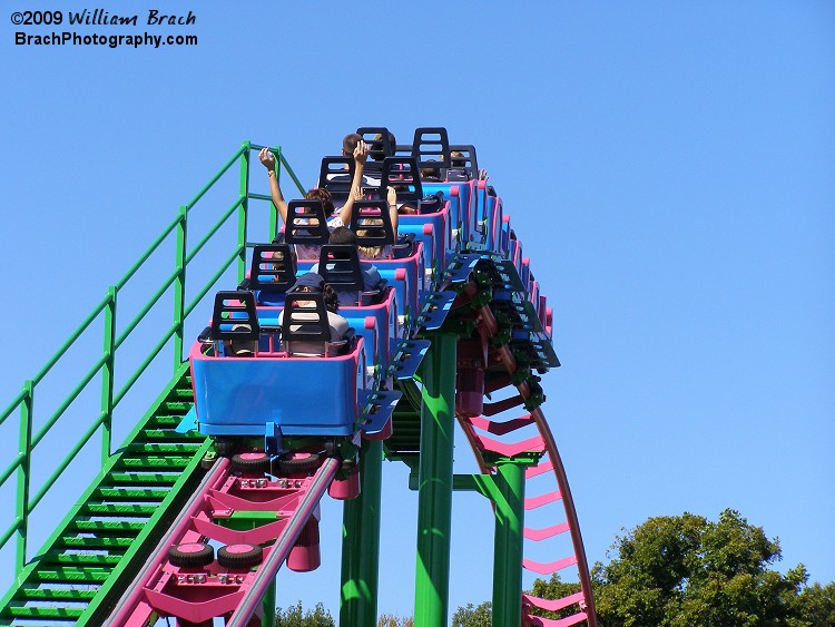 Train on Grover's Alpine Express cresting the lift hill.