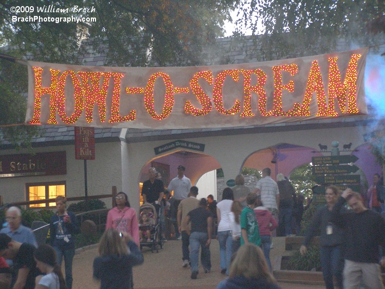 Sign seen welcoming people to Howl-O-Scream at Busch Gardens Williamsburg.