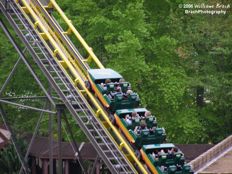 Making its way up the 130ft tall lift hill.