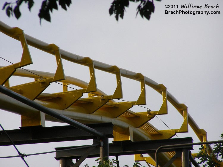 View of the coaster's yellow Arrow track.