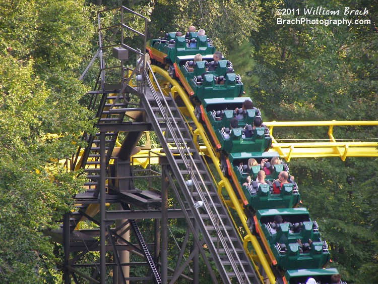 Train going up the second lift hill.  After the second lift hill, you have the final vertical loop before you reach the station.