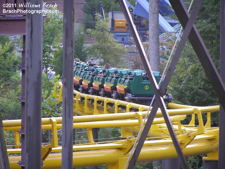 Train traveling towards the lift hill.