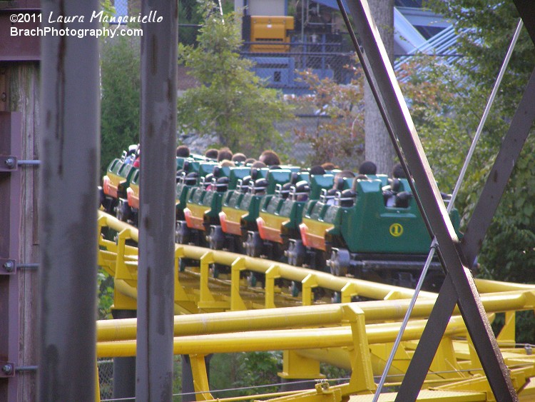 Train making its way towards the lift hill.