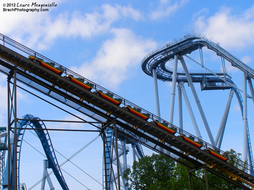 Loch Ness Monster train climbing the lift hill with Griffon's lift hill in the background.