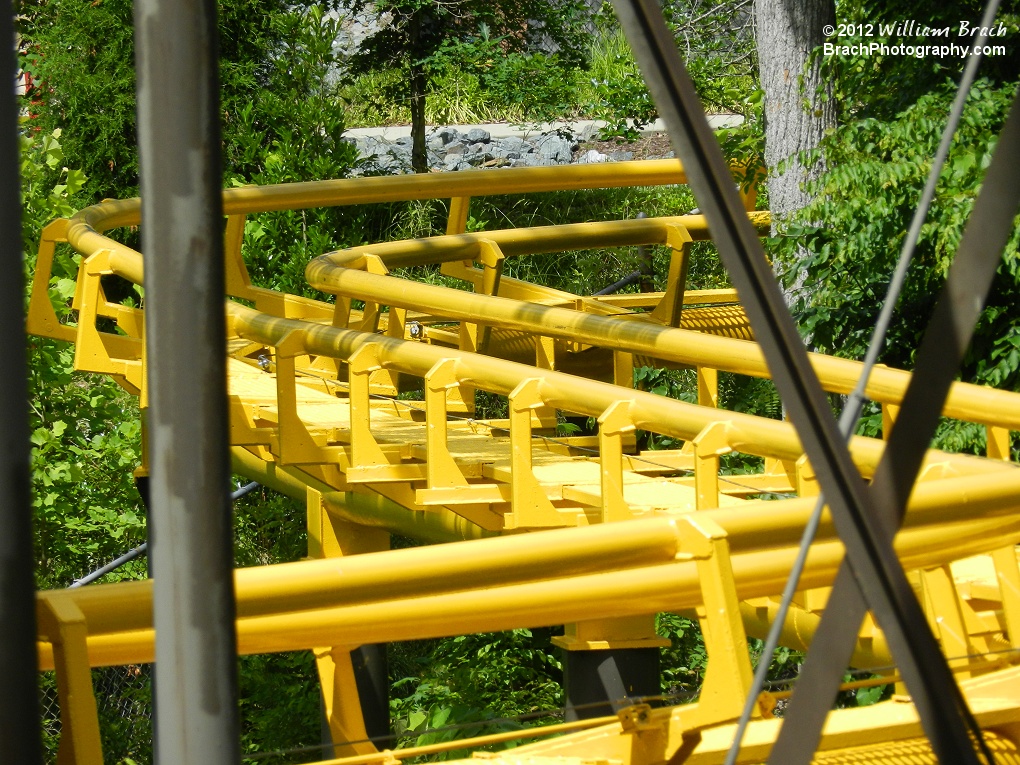 Fresly painted for the 2012 season, here's the track from the station headed towards the lift hill.