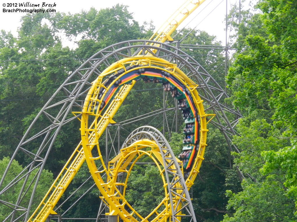 Loch Ness Monster train running through the first of two inversions on the classic coaster.