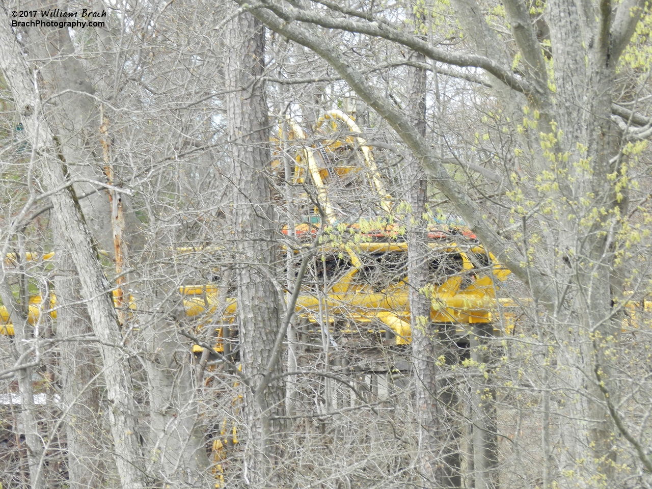 Might be hard to see, but a train just left the second lift hill and is headed towards the interlocking loops before returning to the station.