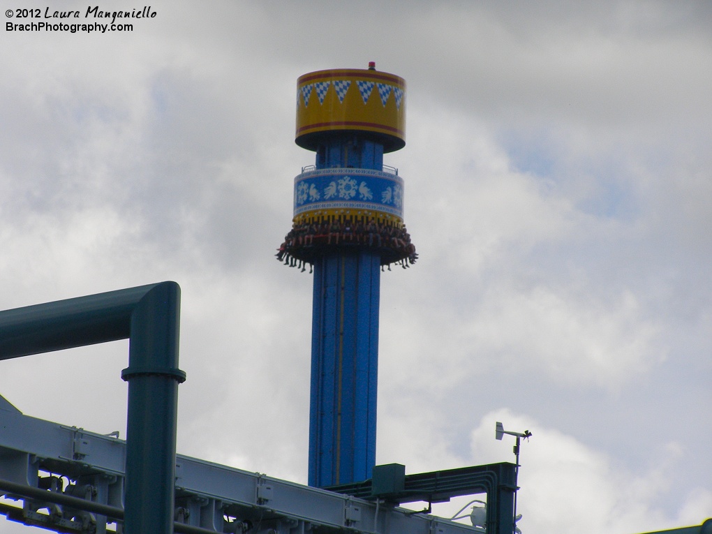 Mach Tower gondola at the top of the tower ready to drop the riders.