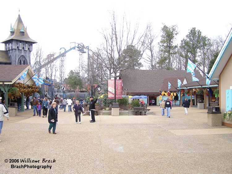 The Oktoberfest section of the park.  Looking towards DarKastle and Alpengeist.