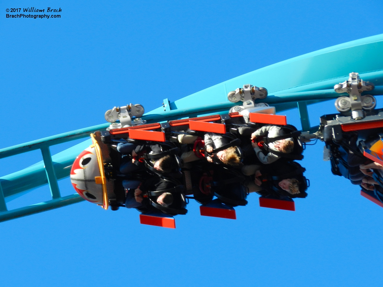 Riders going upside down on the ride's one inversion.