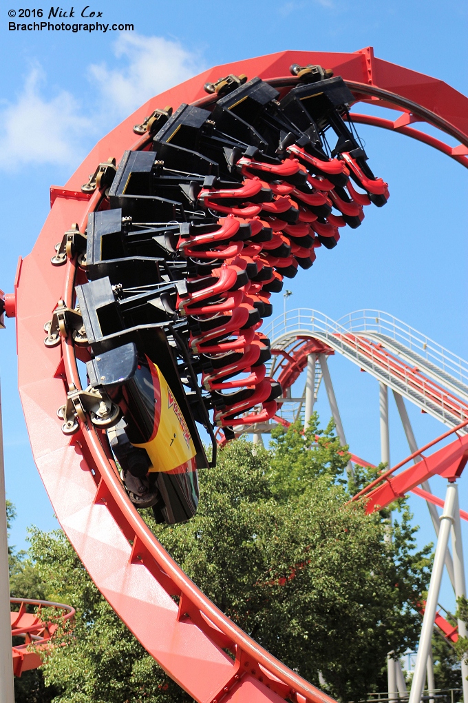 The train goign through the corkscrew.