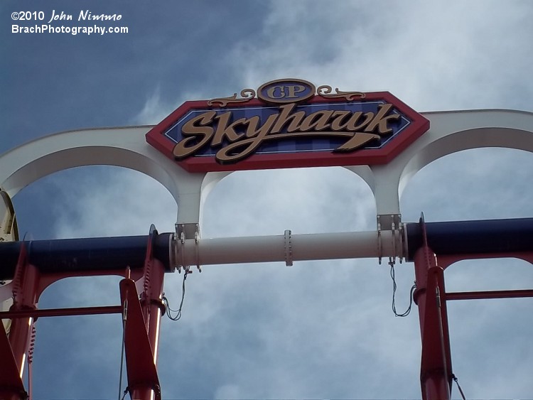 Skyhawk's sign ontop of the ride structure.