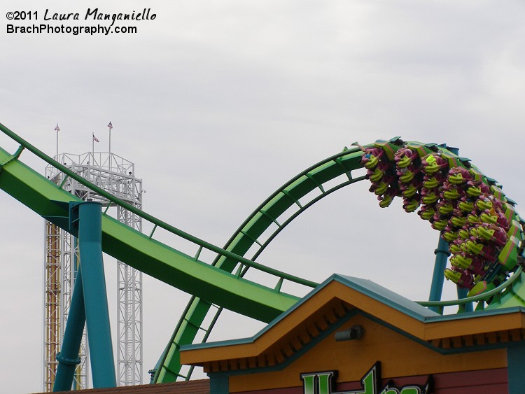 Hydra: The Revenge train exiting the cobra roll element.