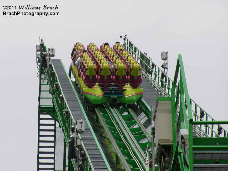 Hydra: The Revenge train nearing the topo of the lift hill.