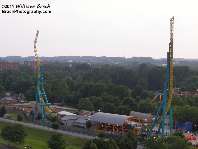 Seen from the Giant Wheel.  Just to the left of Possessed you can see a dirt field and some earth moving equipment.  That is the location of Dorney's NEW for 2012 Vekoma Invertigo coaster named: STINGER!