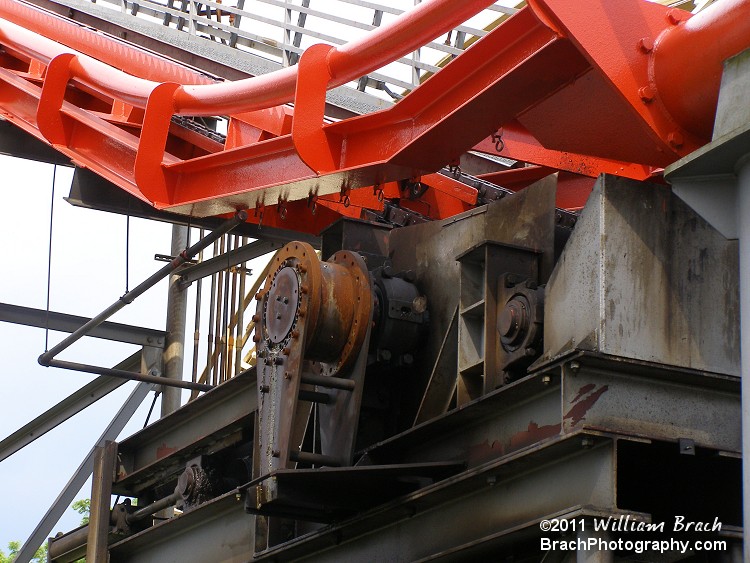 Bottom of the lift hill and the huge motor that powers the chain that takes train after train after train up the 200ft tall lift hill.