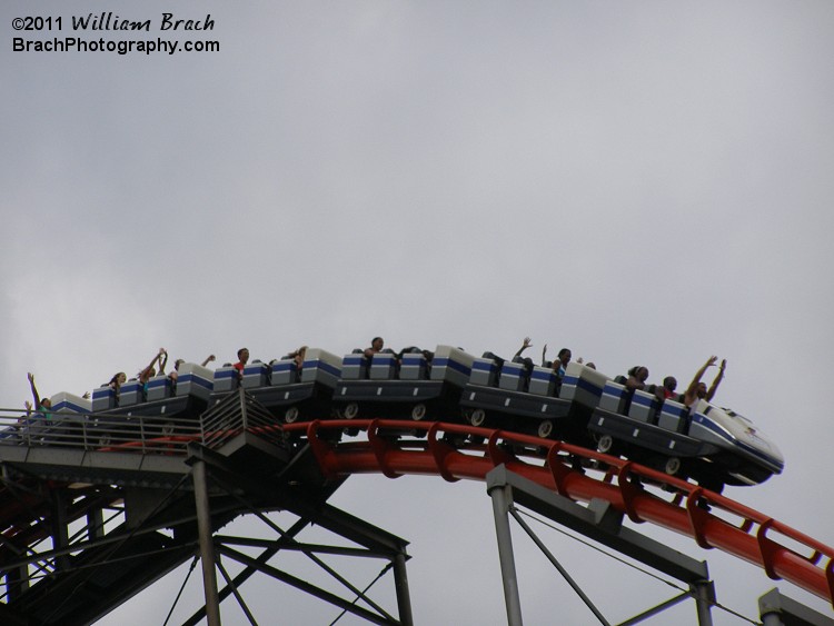 Here we see the blue train cresting the lift hill and starting to run the course.