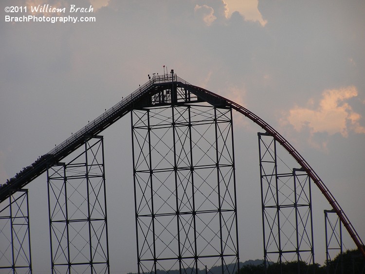 The lift hill of Steel Force with a train going up.