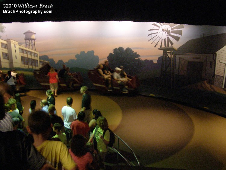 The Chocolate World Tour Ride features a rotating platform to allow for continuous motion of the ride.  This also helps the queue line move faster.