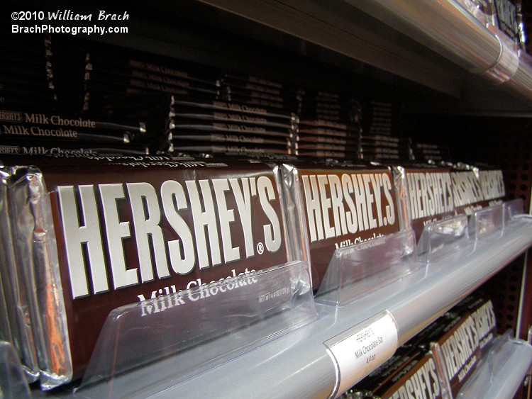 Hershey's Milk Chocolate bars all lined up for sale.