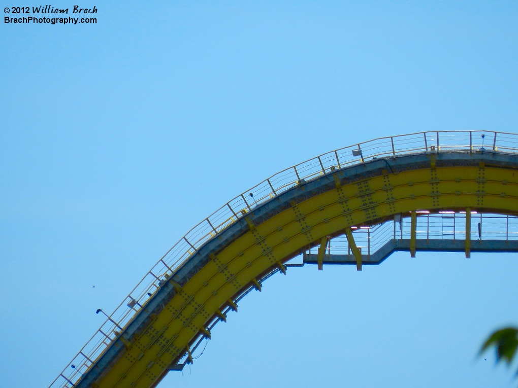 Looking at the top of the lift hill of Skyrush.