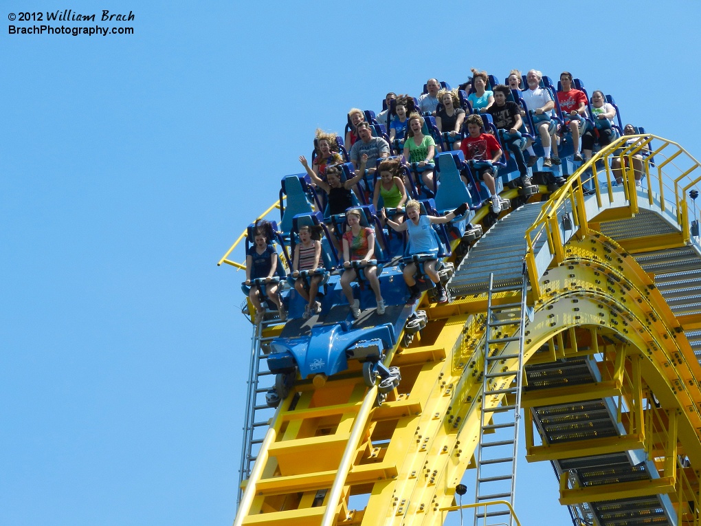 Train full of riders taking the plunge down the first drop!