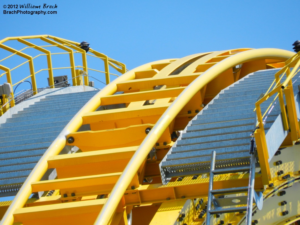 Close up view of the top of Skyrush's lift hill at Hersheypark.