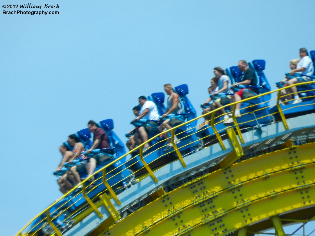 Skyrush train about to go down the first drop.