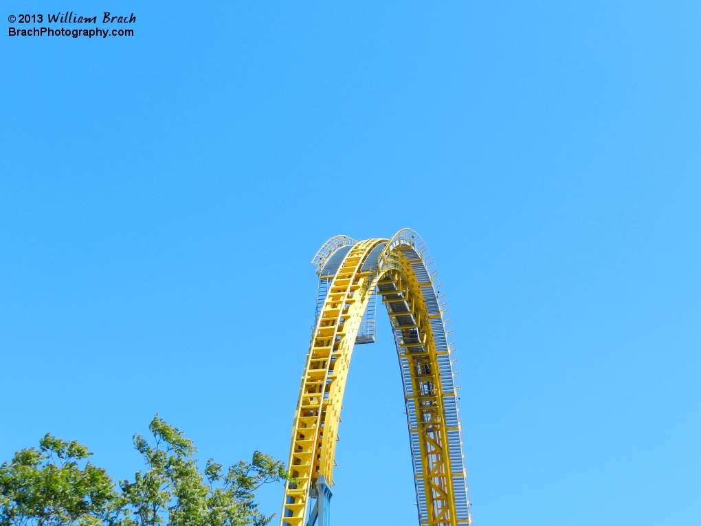 The first drop on Skyrush from outside the park.