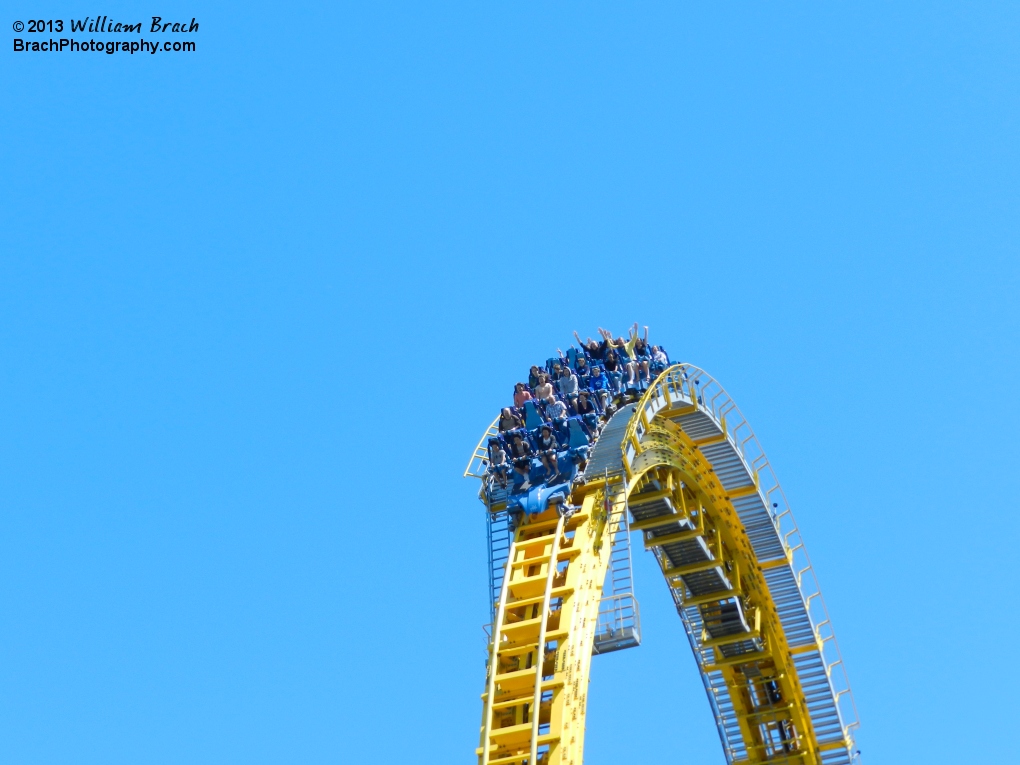 Skyrush train going over the first hill!