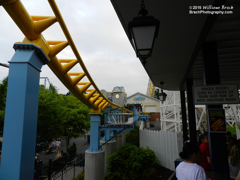 Skyrush brake run before the station as seen from inside Comet's station.