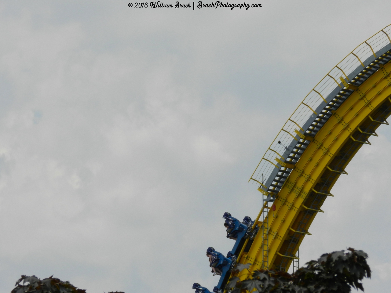 Skyrush train going down the first drop.