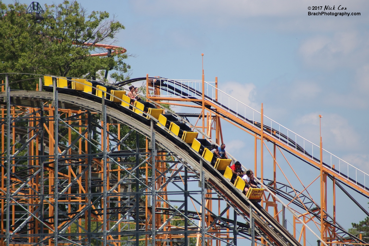 A drop towards the lift hill.