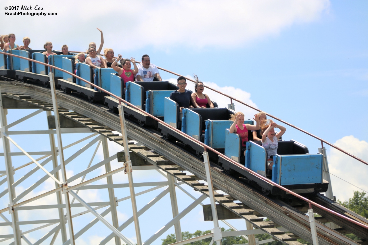 A shot of the train going down a hill.