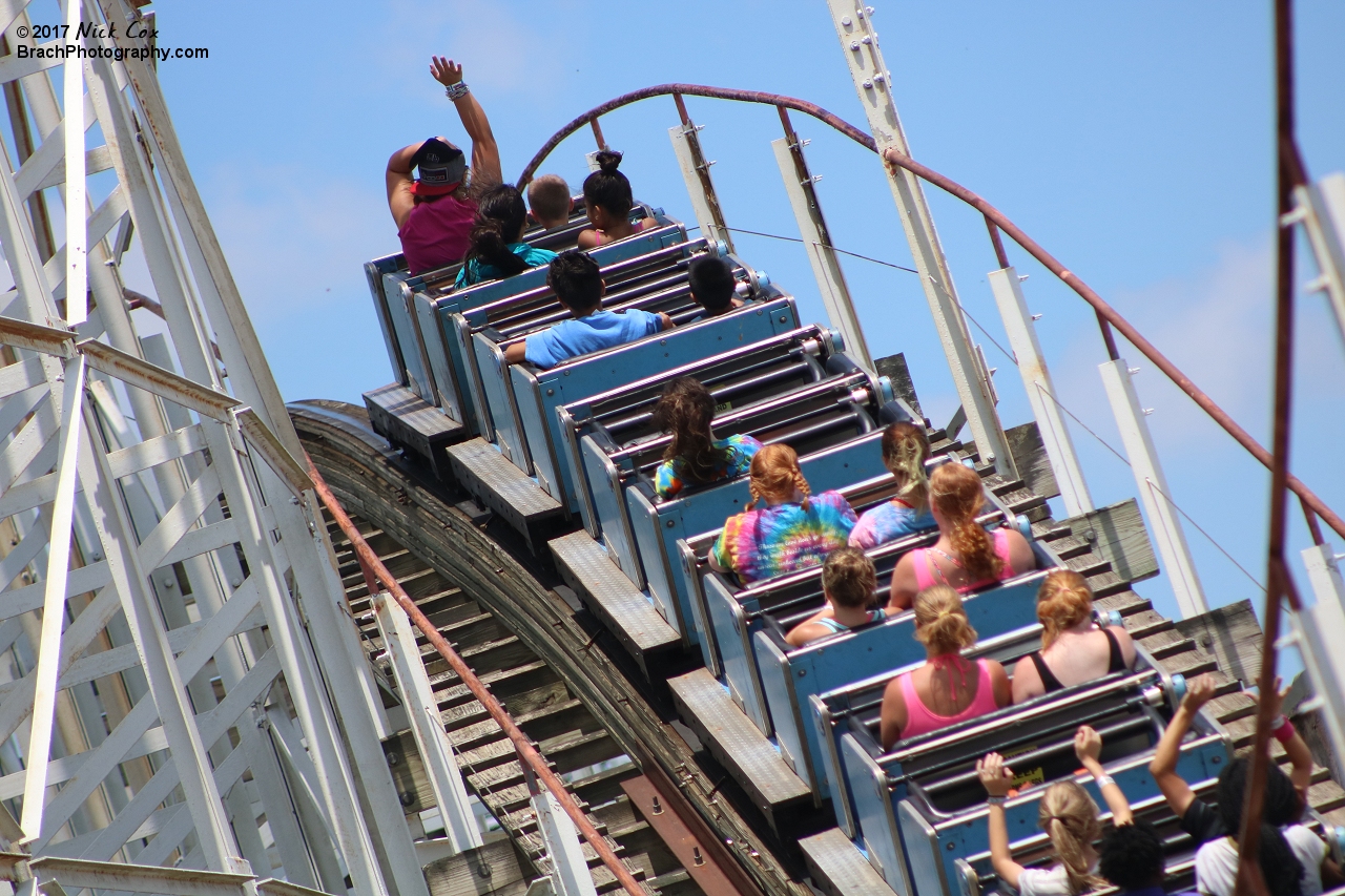 The train going over an airtime hill.