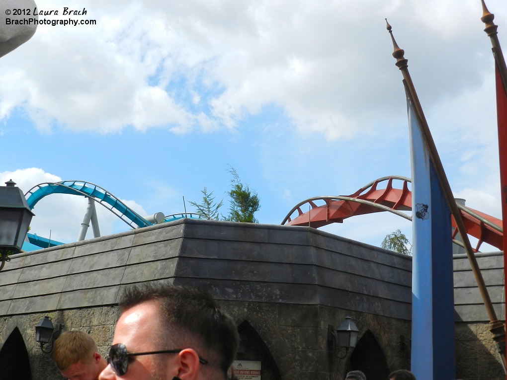 View of the coasters inversions from outside the queue entrance.