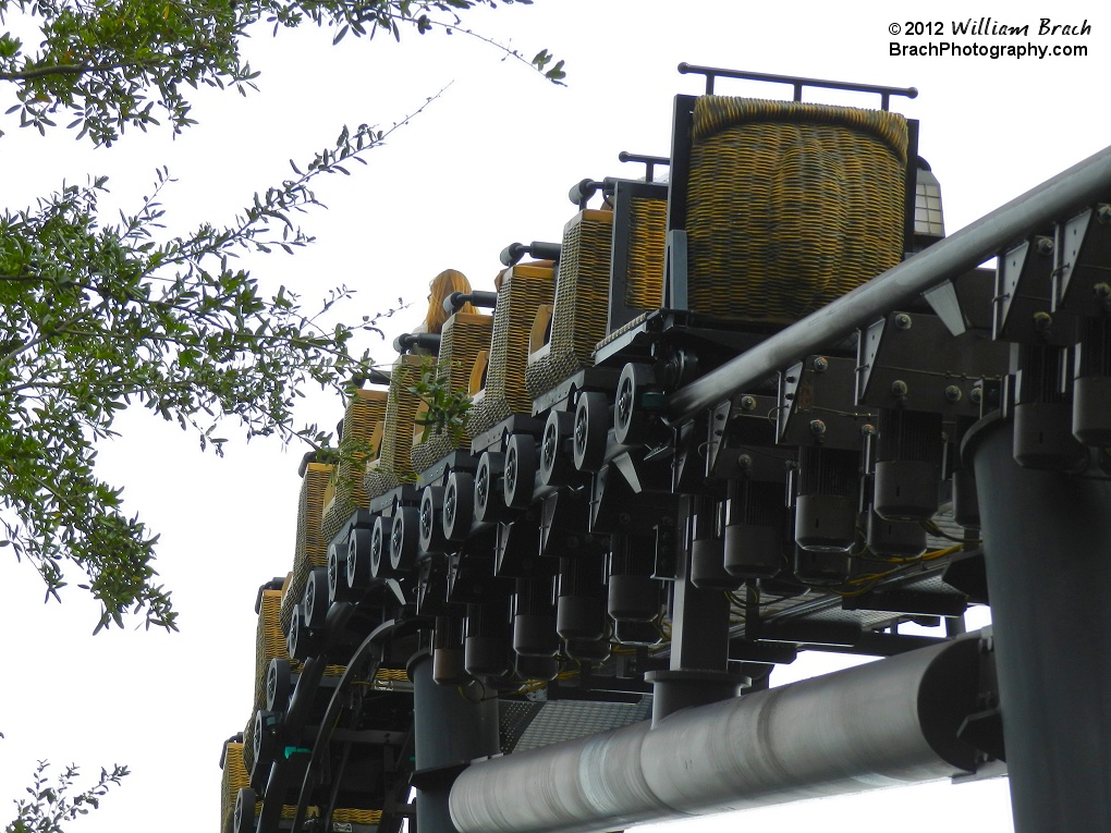 Flight of the Hippogriff train making its way up the lift hill.