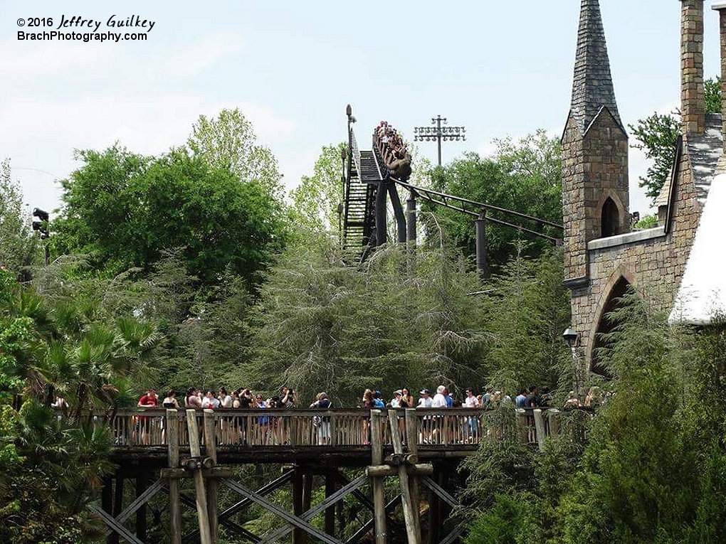 Train cresting the top of th elift hill and starting its run.