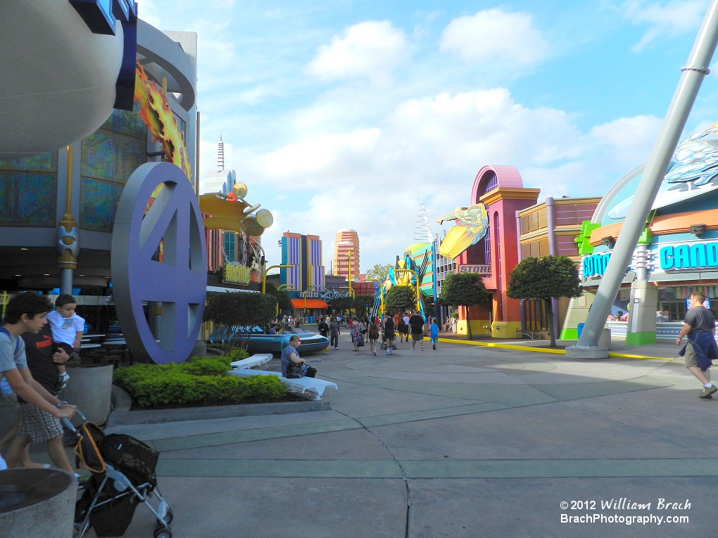 View down the walk way from the Invredible Hulk coaster heading into the DC Comics area.