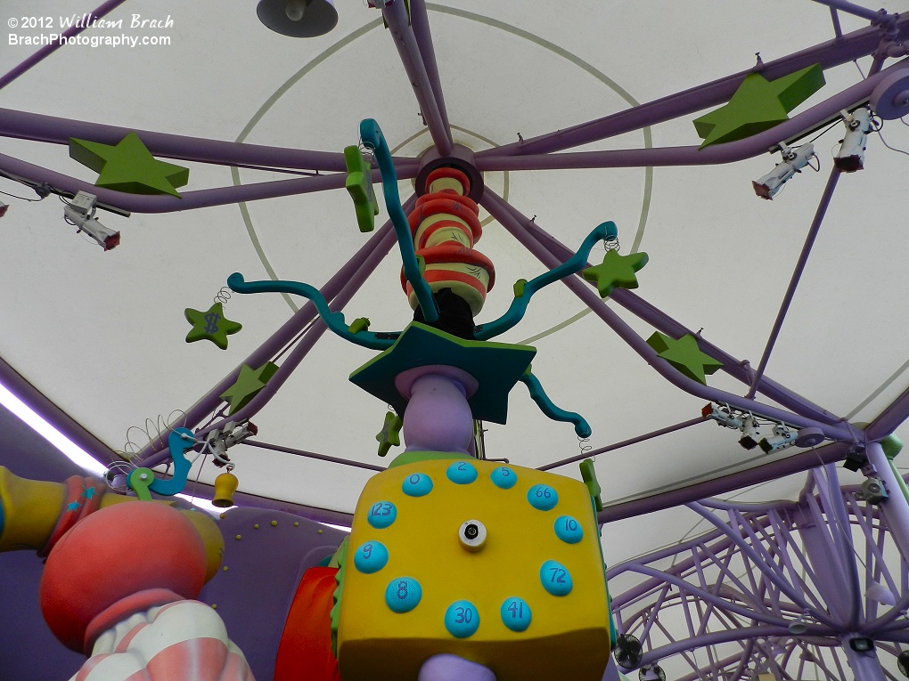 Inside the queue of The High in the Sky Seuss Trolly Train Ride - That clock needs attention...