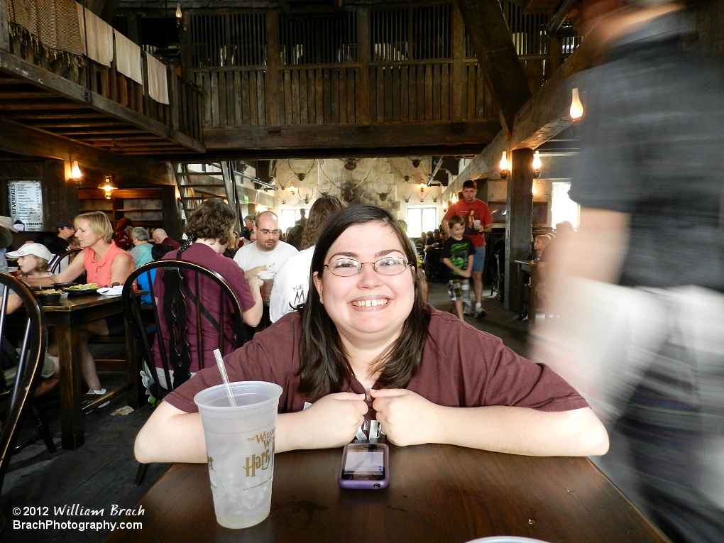 My wife is all smiles after having a great lunch at The Three Broomsticks!