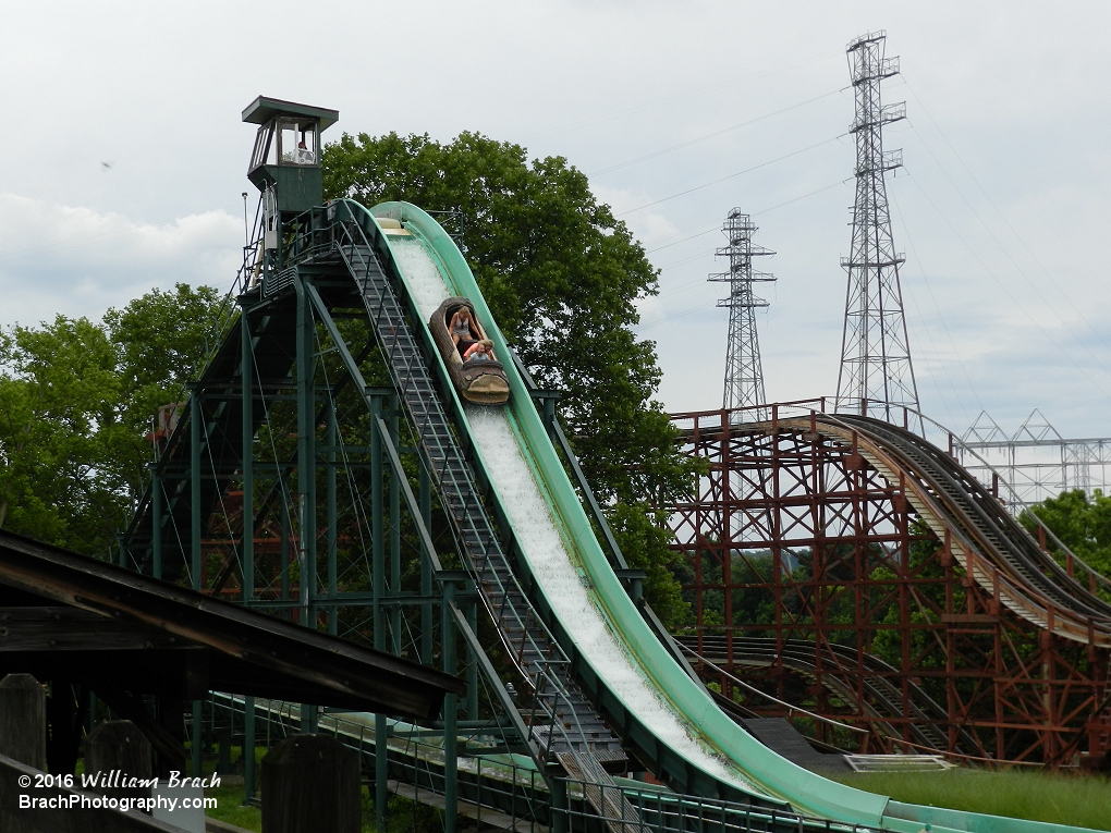 The big drop on the Log Jammer.  The ride was removed after the 2017 season to make way for the Steel Curtain rollercoaster which opened in the 2019 season.