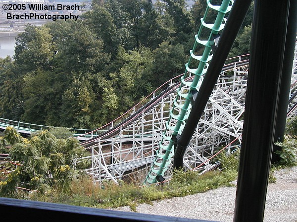 This is the signature drop on Phantom's Revenge.  The second drop goes down into a ravine and under Thunderbolt.