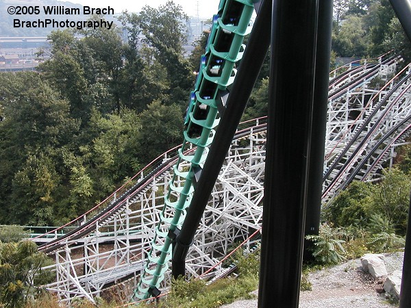 Phantom's Revenge originally opened in 1991 as Steel Phantom and featured 4 inversions.  For 2001, Morgan Coaster Company reprofiled the ride, removing all of the inversions.  The track for the station, lift hill, first drop, second hill and half of the ravine drop had the original Arrow designed track.