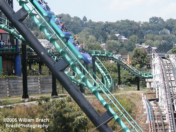 Purple train taking the ravine drop on Phantom's Revenge.