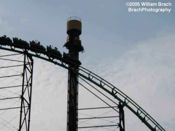 Pitt Plunge riders waiting for their free-fall to start while a train begins its drop into the ravine.